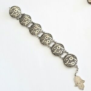 Vintage bracelet Souvenir du Muroq silver tone hamsa hand Morocco